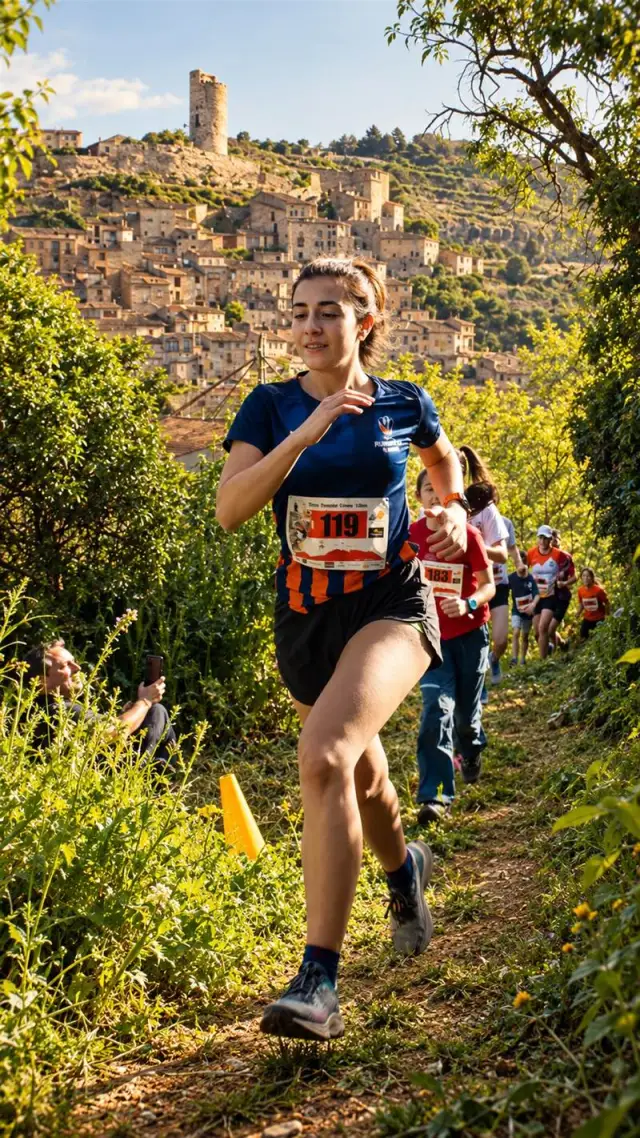 Corredora de la cursa popular, amb el poble de Guimerà al fons